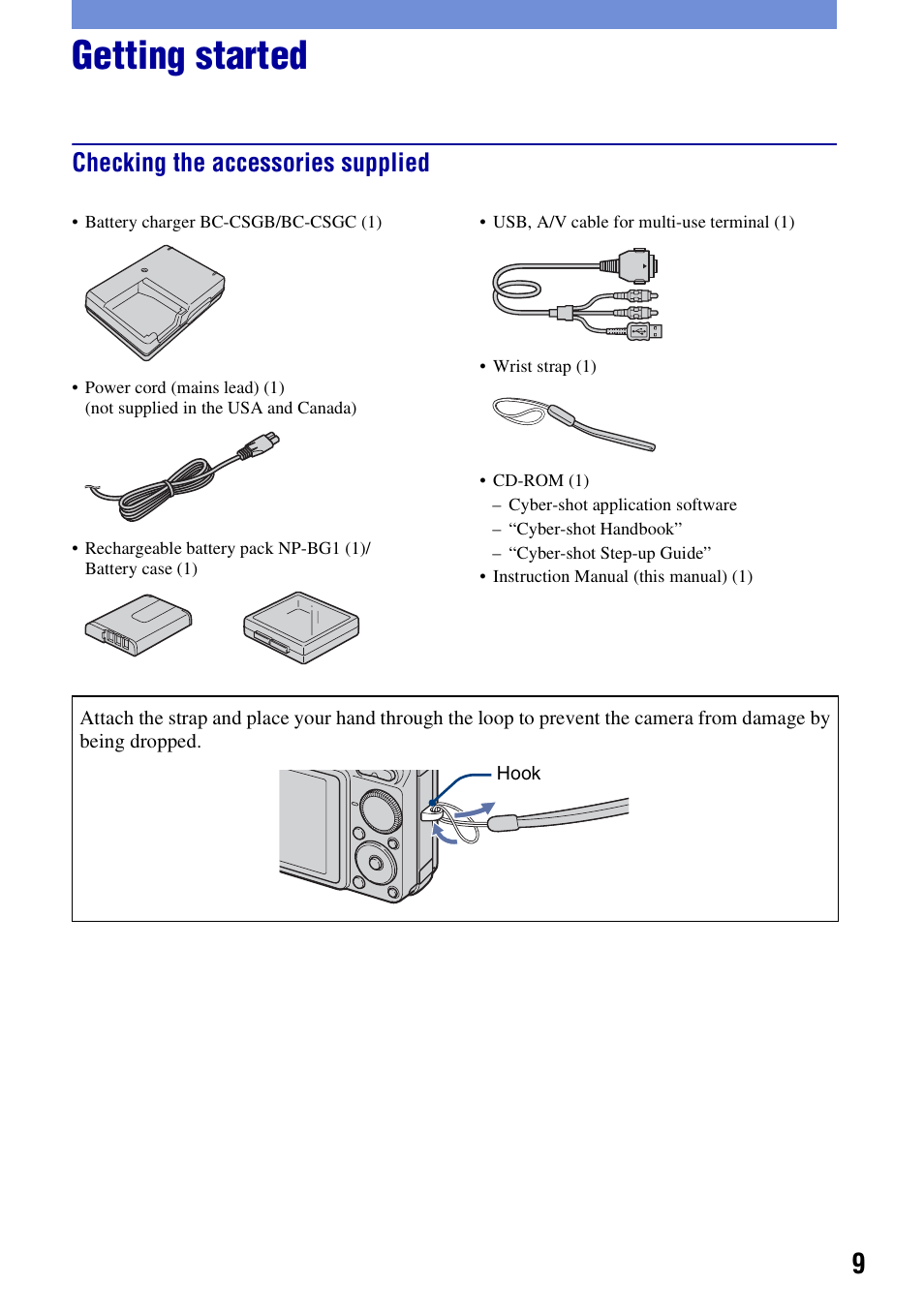Getting started, Checking the accessories supplied | Sony DSC-W300 User Manual | Page 9 / 40
