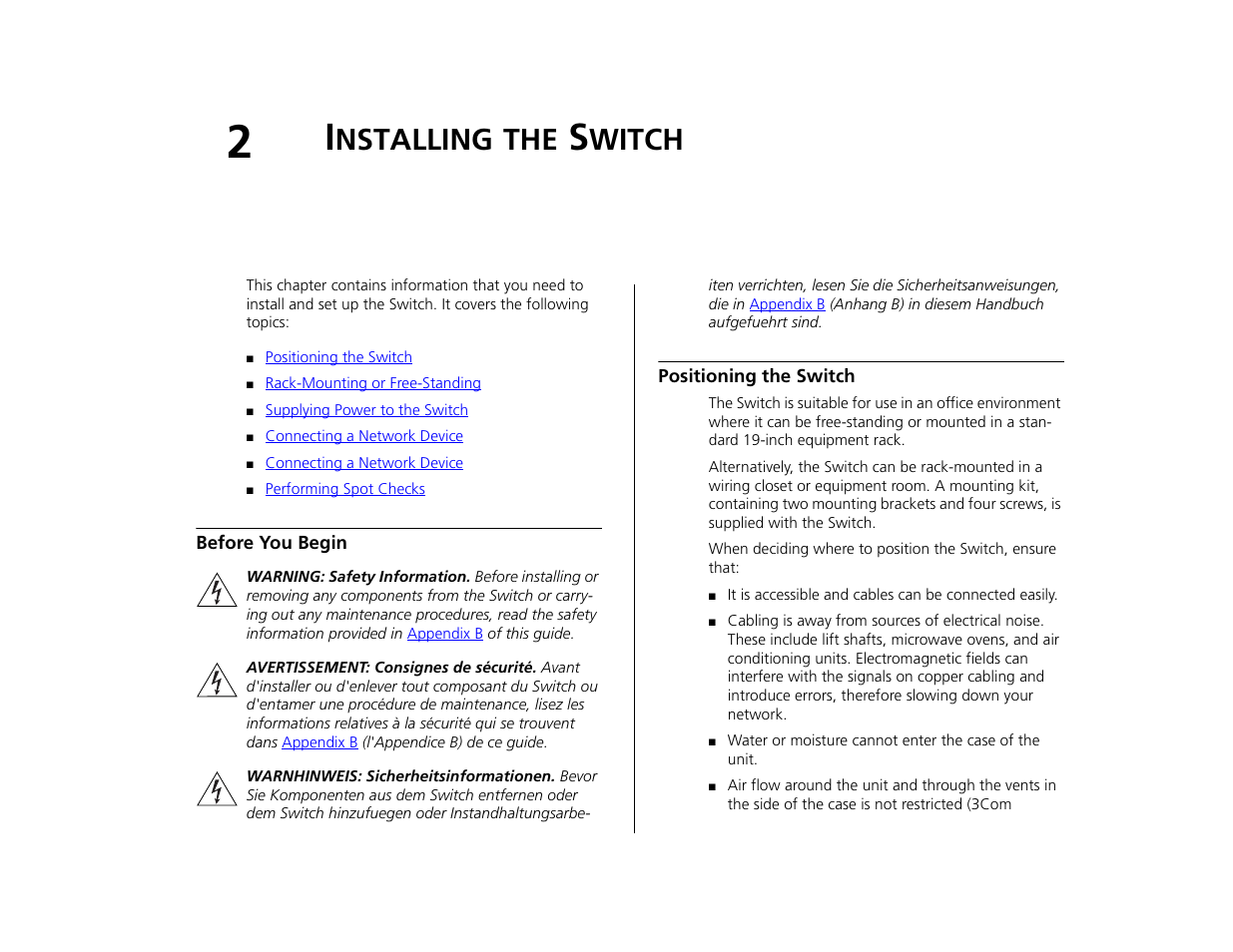 Installing the switch, Before you begin, Positioning the switch | Nstalling, Witch | 3Com 3C16476CS User Manual | Page 13 / 79