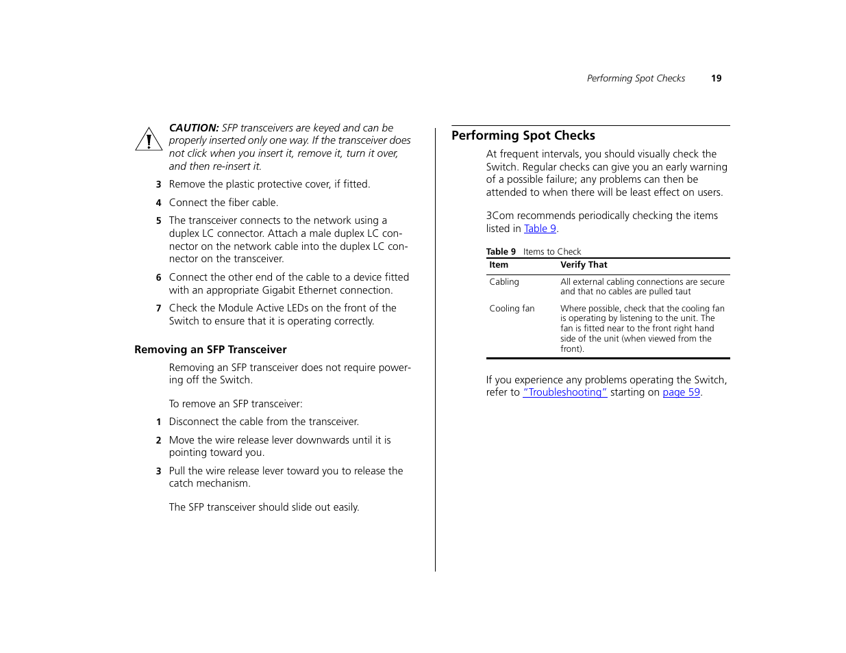 Removing an sfp transceiver, Performing spot checks | 3Com 3C16476CS User Manual | Page 19 / 79