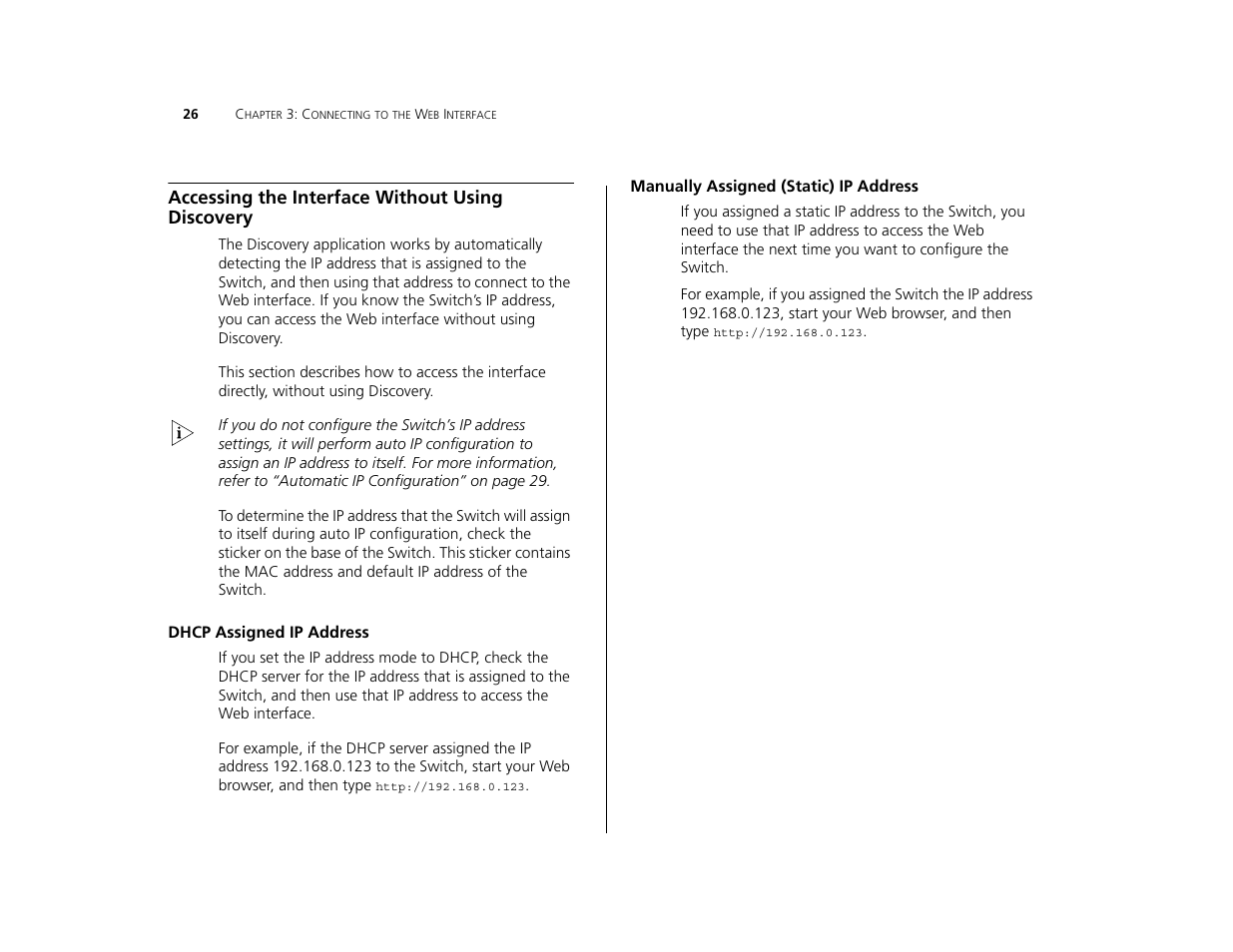 Accessing the interface without using discovery, Dhcp assigned ip address, Manually assigned (static) ip address | 3Com 3C16476CS User Manual | Page 26 / 79