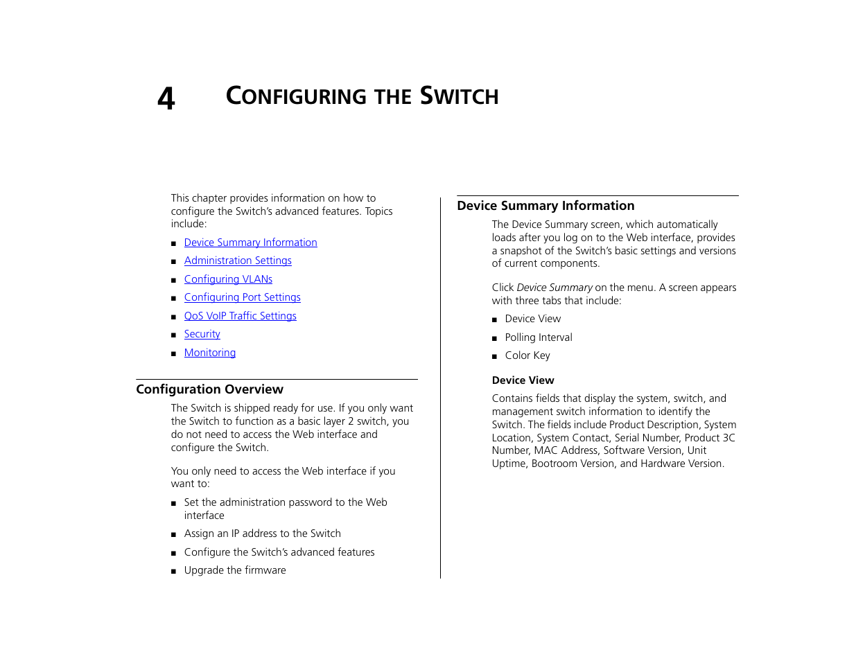 Configuring the switch, Configuration overview, Device summary information | Onfiguring, Witch | 3Com 3C16476CS User Manual | Page 27 / 79