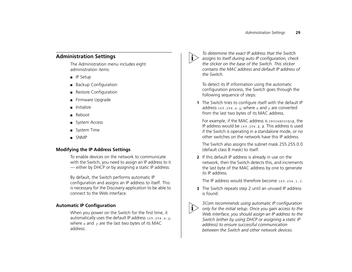 Administration settings, Modifying the ip address settings, Automatic ip configuration | 3Com 3C16476CS User Manual | Page 29 / 79