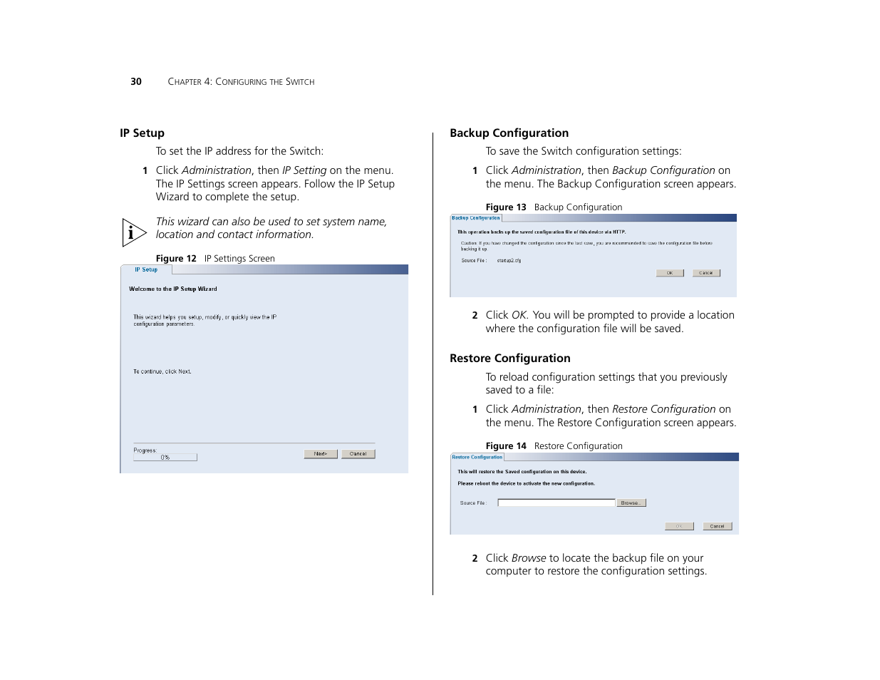 Ip setup, Backup configuration, Restore configuration | 3Com 3C16476CS User Manual | Page 30 / 79