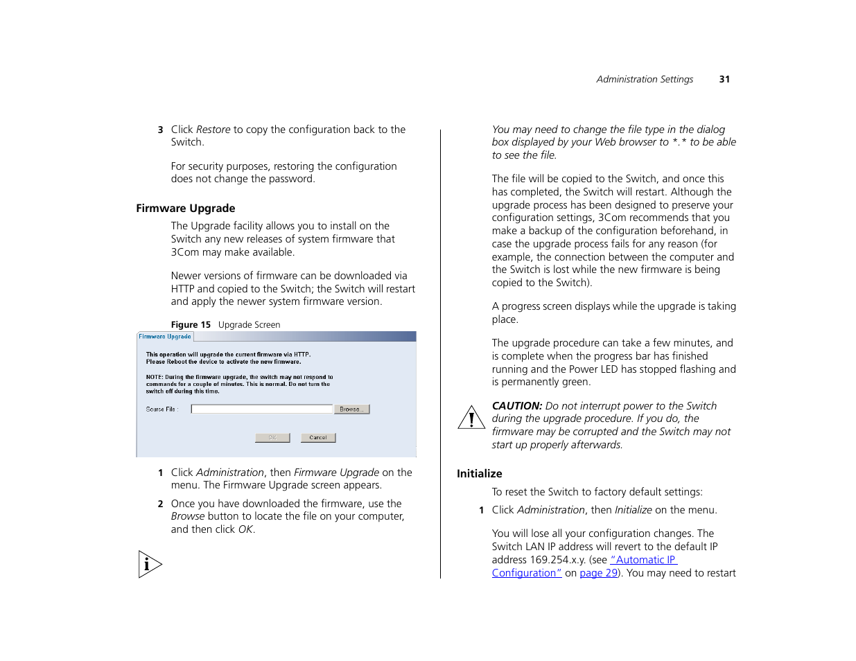 Firmware upgrade, Initialize | 3Com 3C16476CS User Manual | Page 31 / 79