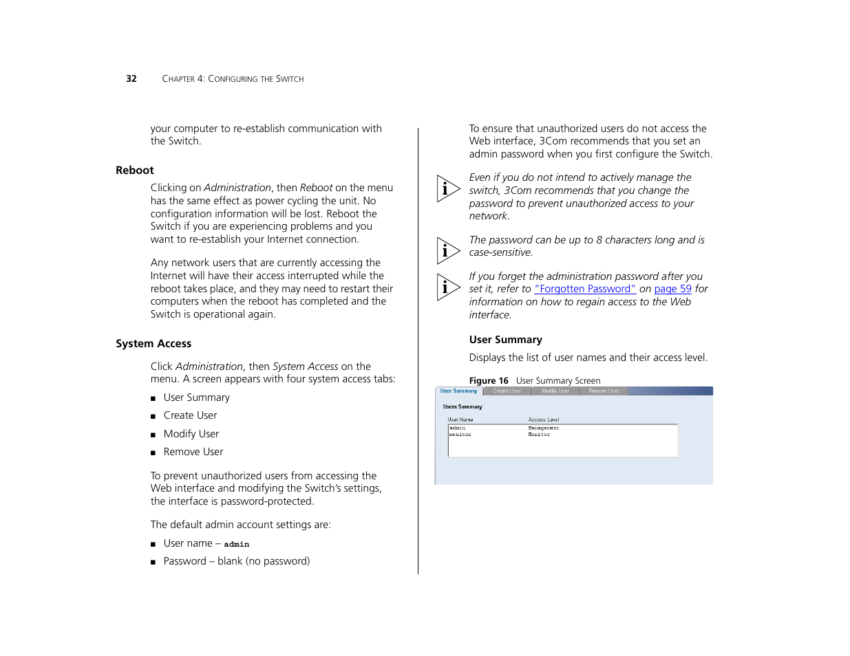 Reboot, System access | 3Com 3C16476CS User Manual | Page 32 / 79