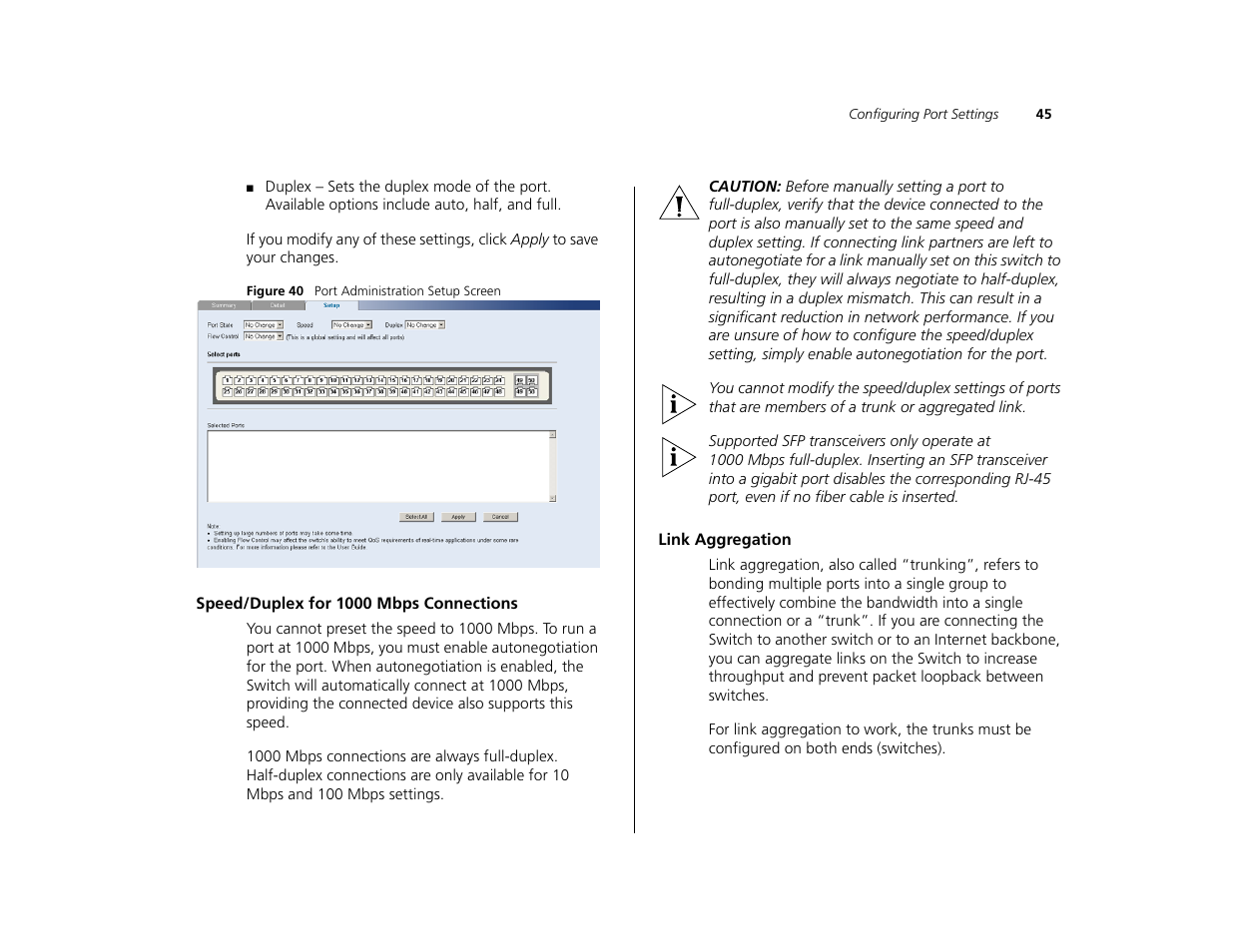Speed/duplex for 1000 mbps connections, Link aggregation | 3Com 3C16476CS User Manual | Page 45 / 79