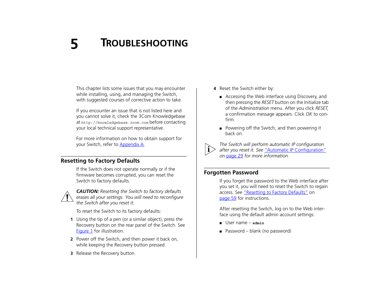 Troubleshooting, Resetting to factory defaults, Forgotten password | Roubleshooting, Resetting to factory, Defaults | 3Com 3C16476CS User Manual | Page 59 / 79