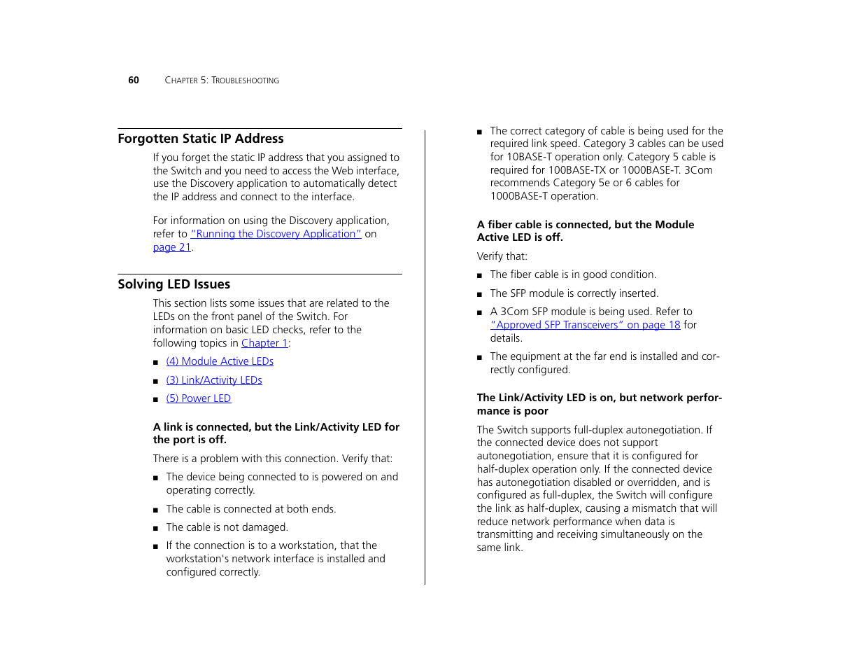 Forgotten static ip address, Solving led issues | 3Com 3C16476CS User Manual | Page 60 / 79