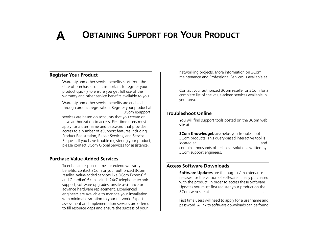 Obtaining support for your product, Register your product, Purchase value-added services | Troubleshoot online, Access software downloads, Btaining, Upport, Roduct, Appendix a | 3Com 3C16476CS User Manual | Page 63 / 79