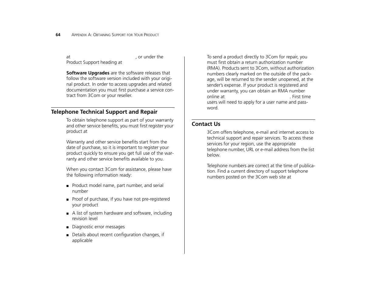 Telephone technical support and repair, Contact us | 3Com 3C16476CS User Manual | Page 64 / 79