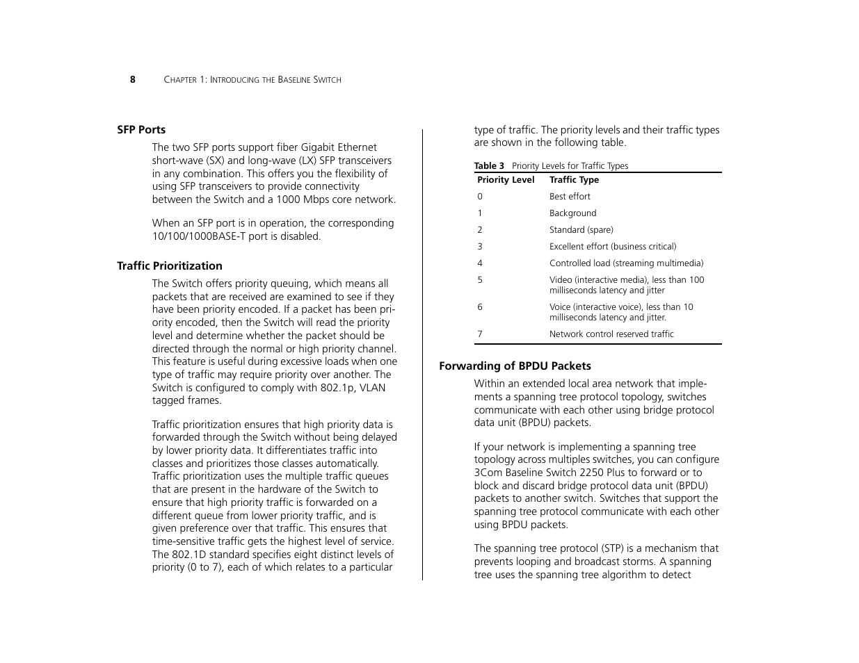 Sfp ports, Traffic prioritization, Forwarding of bpdu packets | 3Com 3C16476CS User Manual | Page 8 / 79