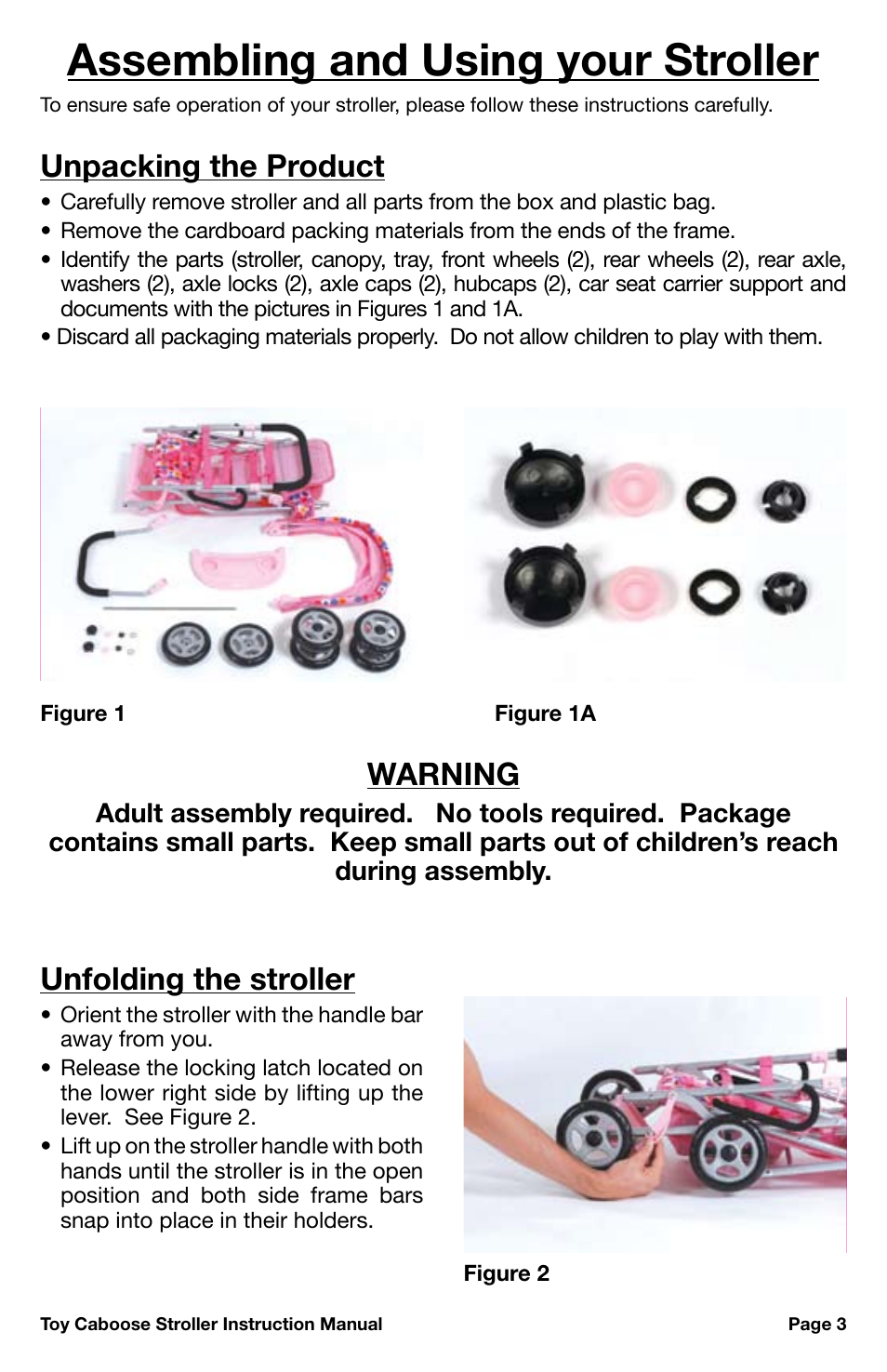 Assembling and using your stroller, Unpacking the product, Warning | Unfolding the stroller | Canton 042 User Manual | Page 3 / 12