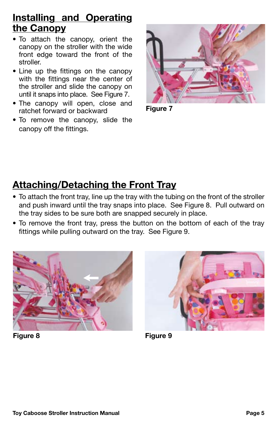 Attaching/detaching the front tray, Installing and operating the canopy | Canton 042 User Manual | Page 5 / 12