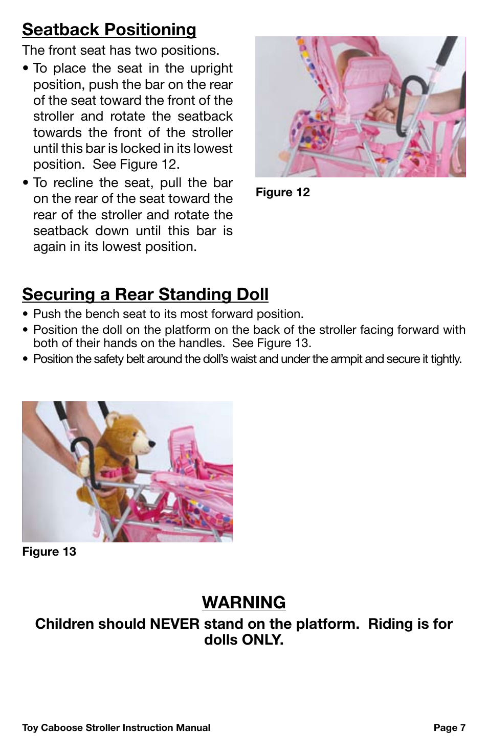 Securing a rear standing doll, Warning, Seatback positioning | Canton 042 User Manual | Page 7 / 12