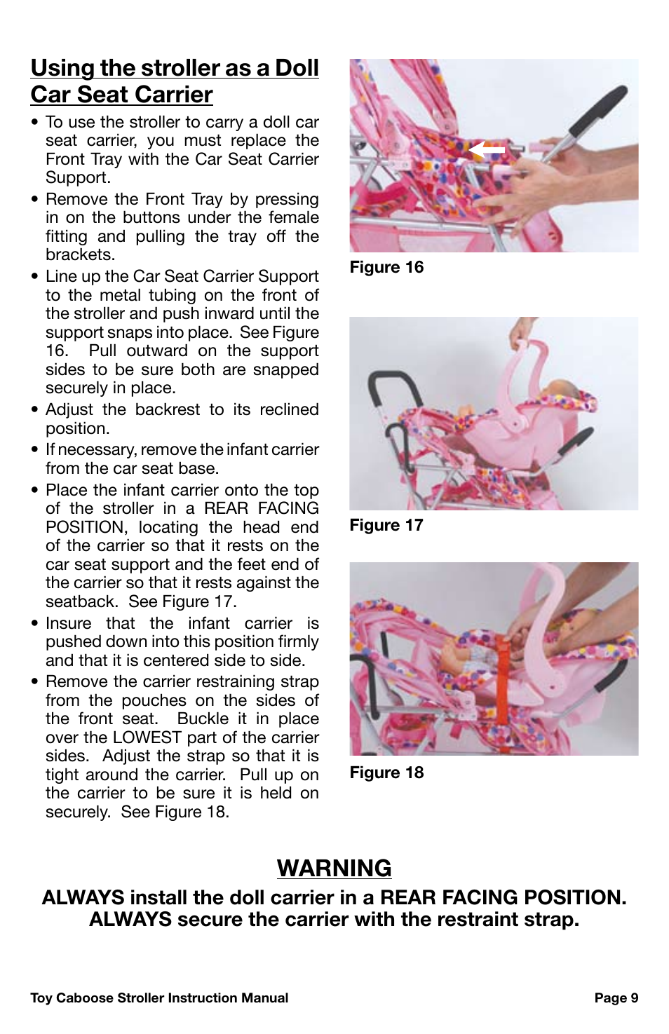 Warning, Using the stroller as a doll car seat carrier | Canton 042 User Manual | Page 9 / 12