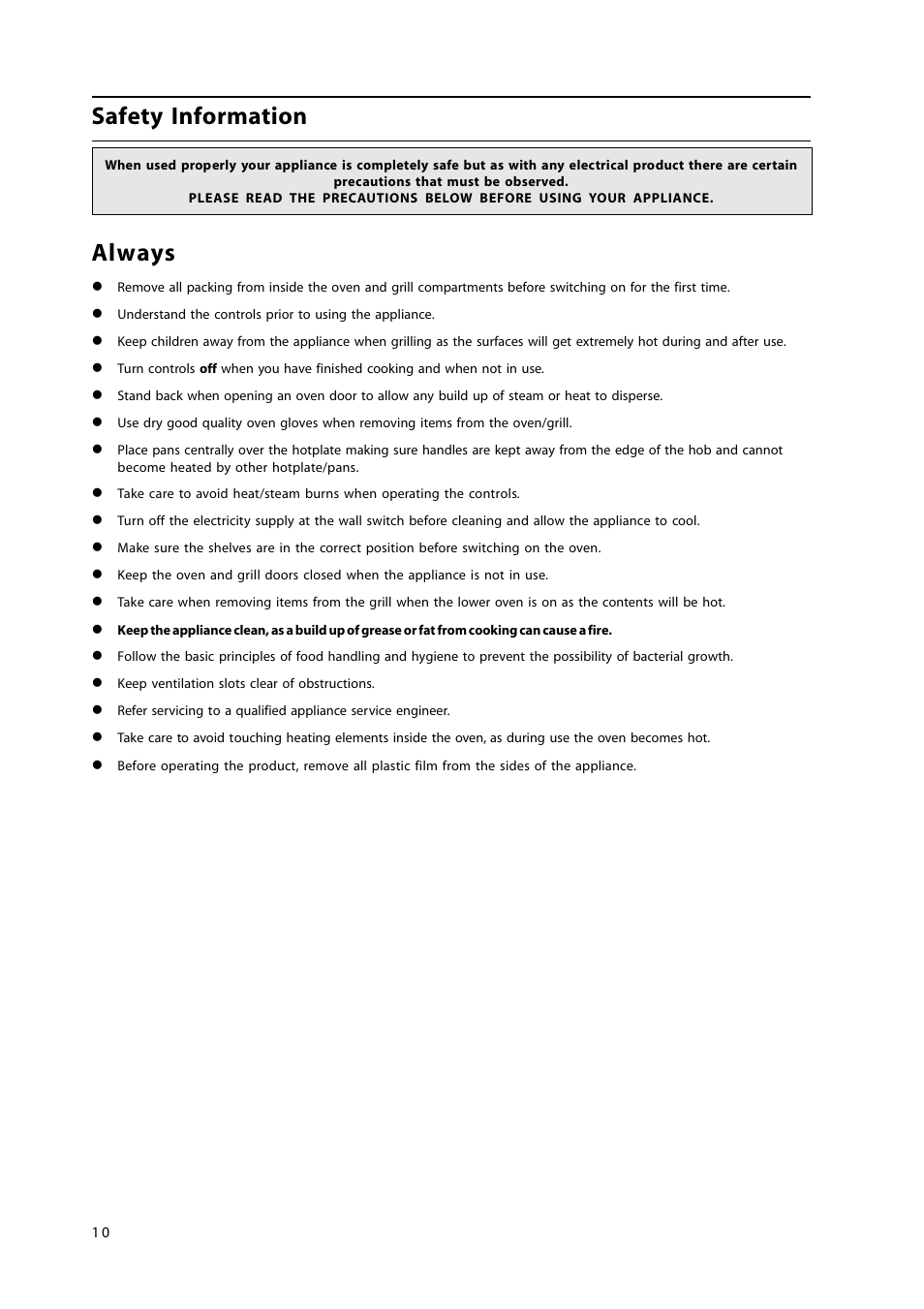 Safety information, Always | Cannon 50cm Free Standing Gas Cooker C50GLW User Manual | Page 10 / 24