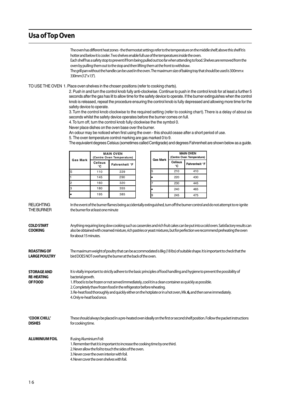 Usa of top oven | Cannon 50cm Free Standing Gas Cooker C50GLW User Manual | Page 16 / 24