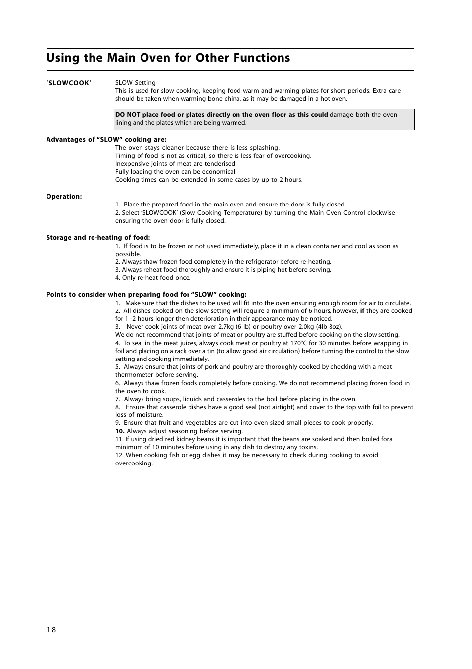 Using the main oven for other functions | Cannon 50cm Free Standing Gas Cooker C50GLW User Manual | Page 18 / 24