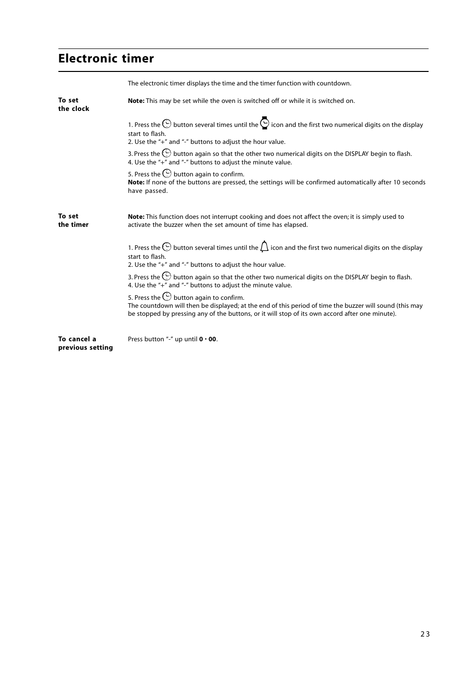 Electronic timer | Cannon 50cm Free Standing Gas Cooker C50GLW User Manual | Page 23 / 24