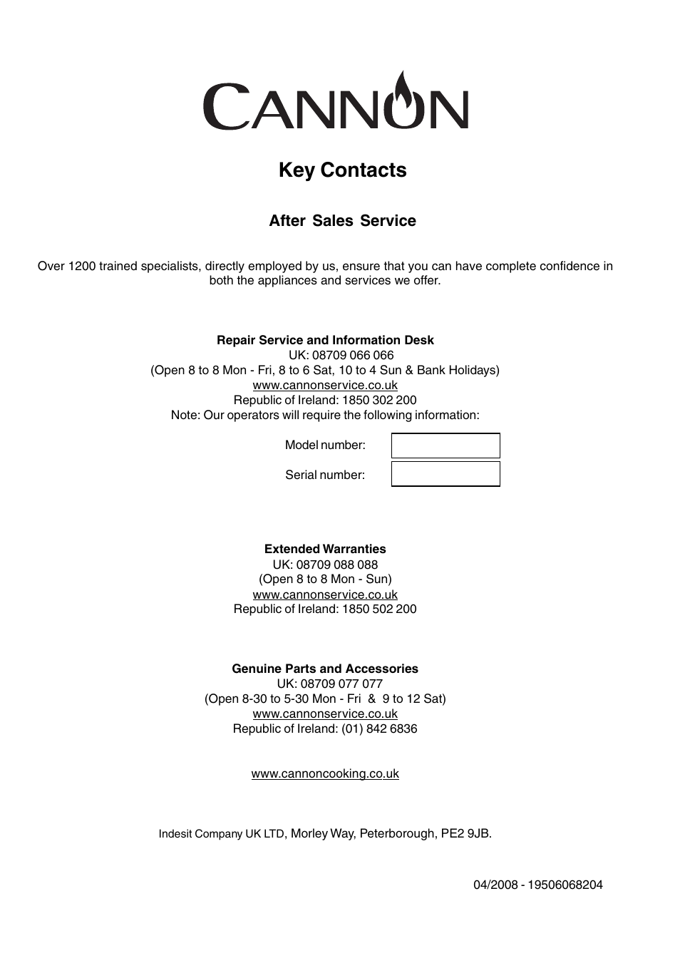 Key contacts, After sales service | Cannon 50cm Free Standing Gas Cooker C50GLW User Manual | Page 24 / 24