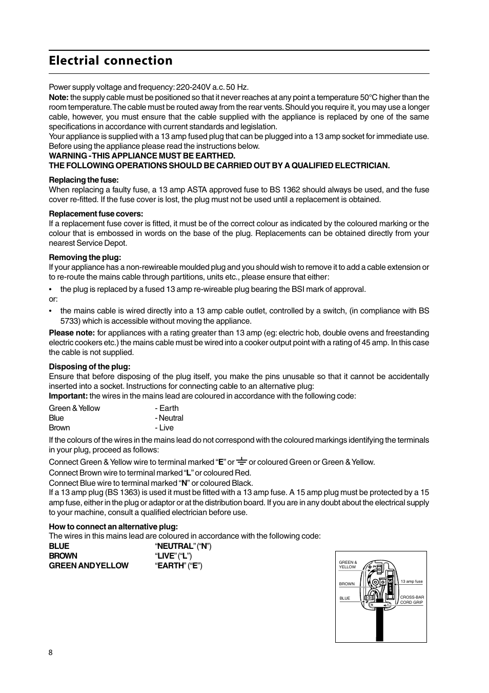 Electrial connection | Cannon 50cm Free Standing Gas Cooker C50GLW User Manual | Page 8 / 24