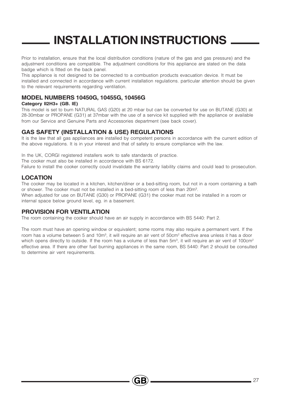 Installation instructions, Gas safety (installation & use) regulations, Location | Provision for ventilation | Cannon PROESSIONAL1000 User Manual | Page 27 / 36
