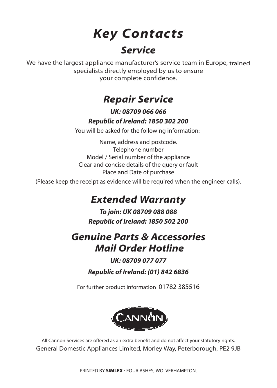 Key contacts, Service, Repair service | Extended warranty, Genuine parts & accessories mail order hotline | Cannon STRATFORD 10530G MK2 User Manual | Page 24 / 24