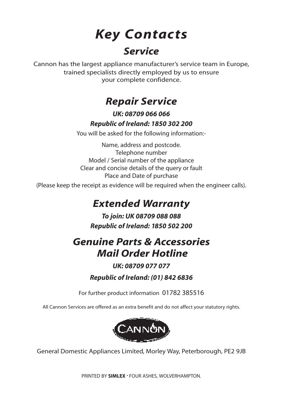 Key contacts, Service, Repair service | Extended warranty, Genuine parts & accessories mail order hotline | Cannon CHESTER 10548G MK2 User Manual | Page 36 / 36