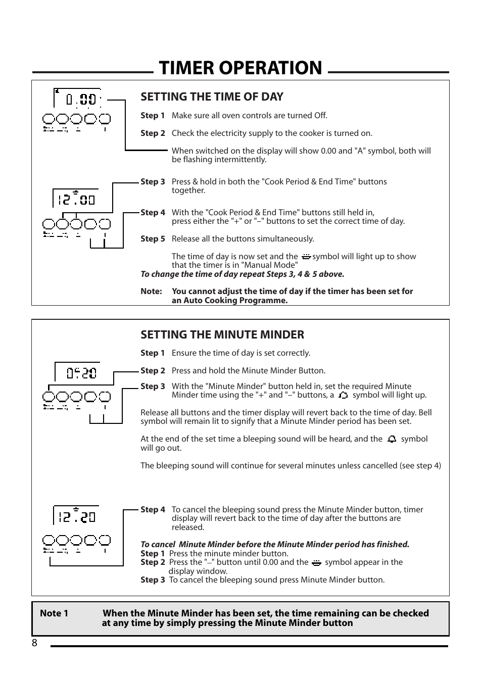 Timer operation, Setting the time of day, Setting the minute minder | Cannon CHESTER 10548G MK2 User Manual | Page 8 / 36