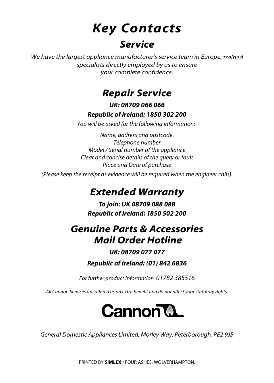 Key contacts, Service, Repair service | Extended warranty, Genuine parts & accessories mail order hotline | Cannon 4466200011-02 User Manual | Page 36 / 36