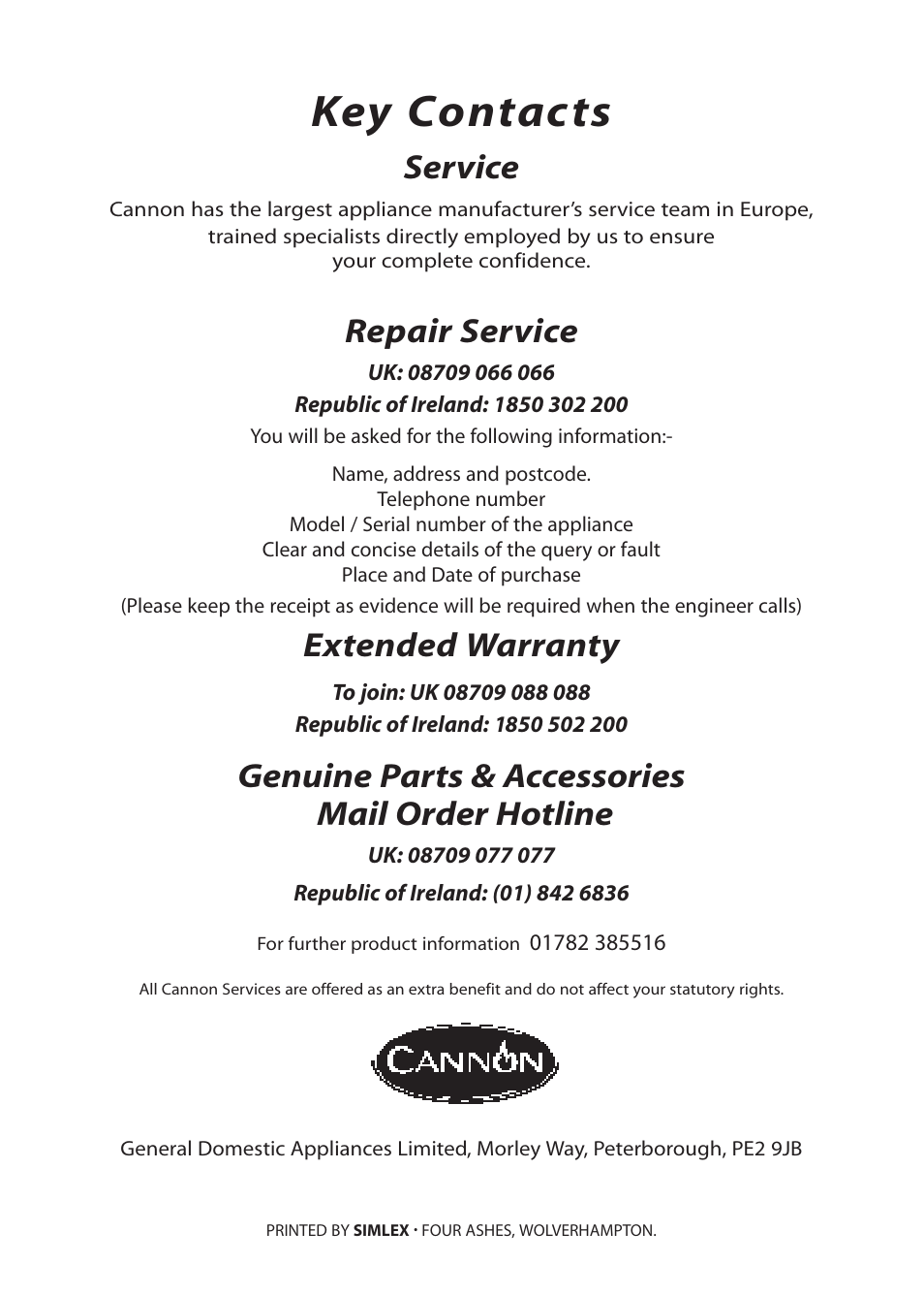 Key contacts, Service, Repair service | Extended warranty, Genuine parts & accessories mail order hotline | Cannon WORCESTER 10525G User Manual | Page 24 / 24