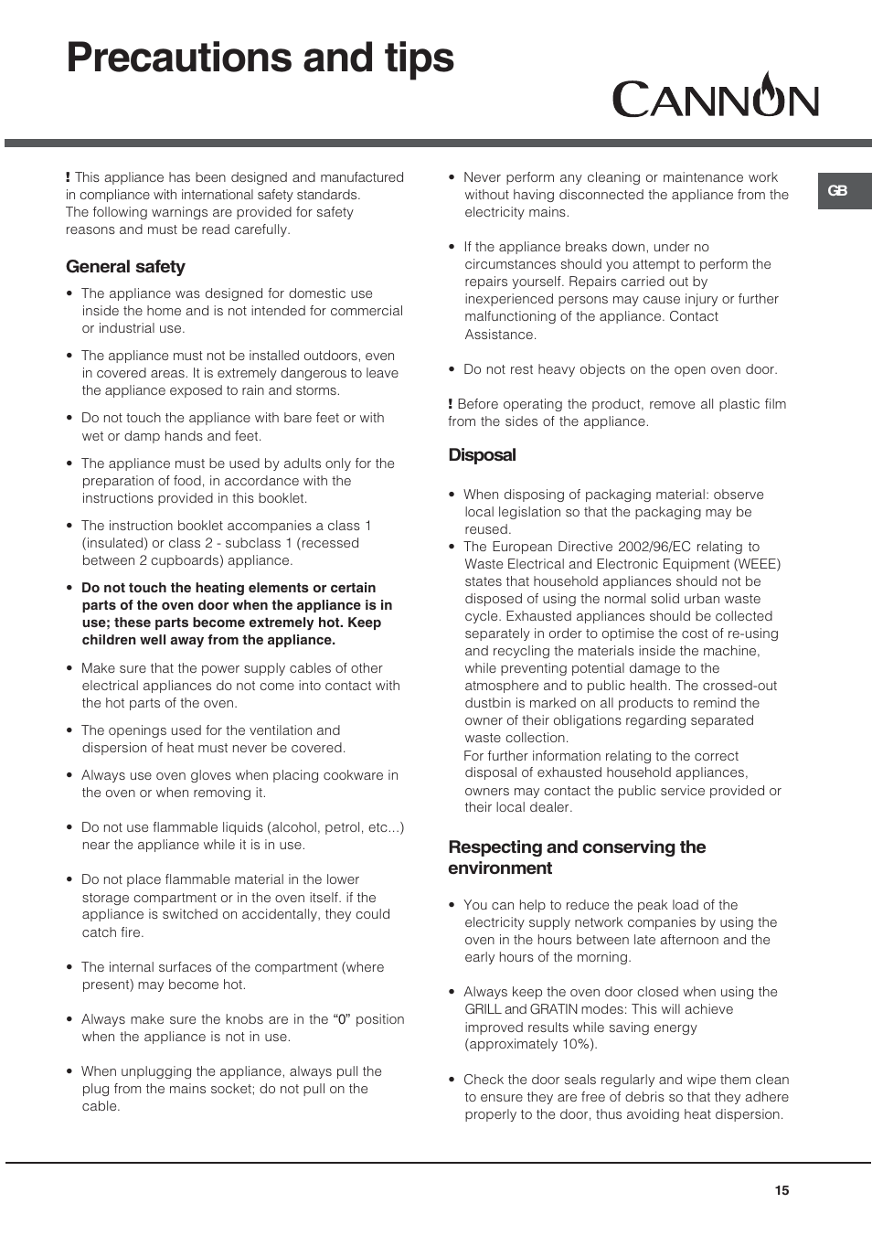 Precautions and tips, General safety, Disposal | Respecting and conserving the environment | Cannon 90cm Free Standing Gas Cooker C90DPX User Manual | Page 15 / 20