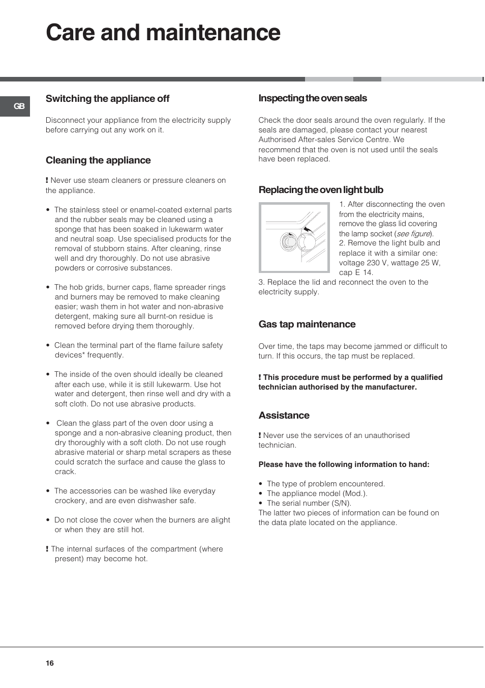 Care and maintenance | Cannon 90cm Free Standing Gas Cooker C90DPX User Manual | Page 16 / 20