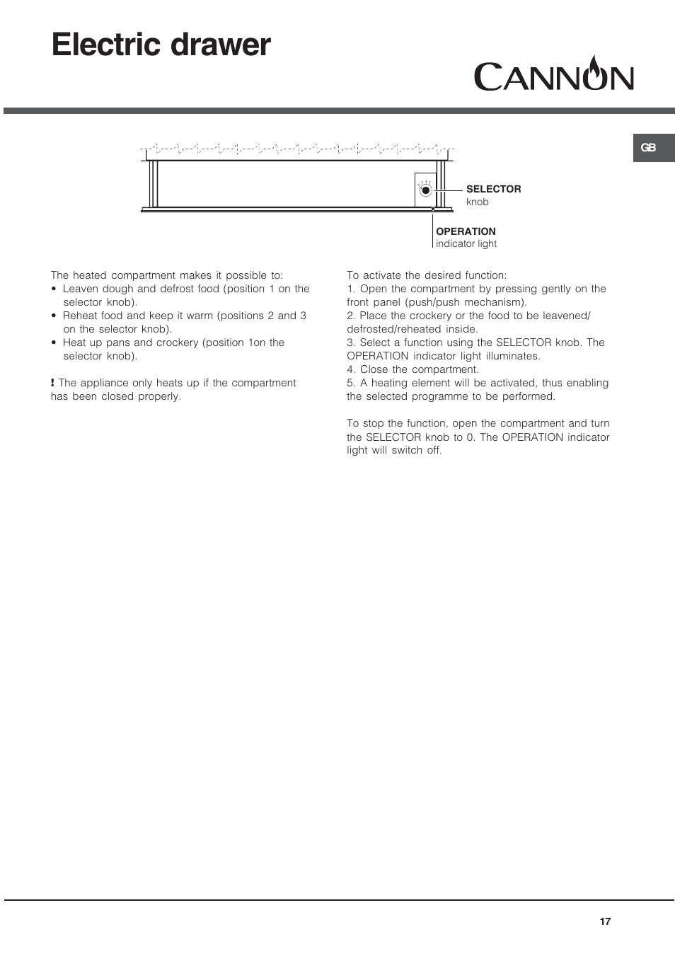 Electric drawer | Cannon 90cm Free Standing Gas Cooker C90DPX User Manual | Page 17 / 20