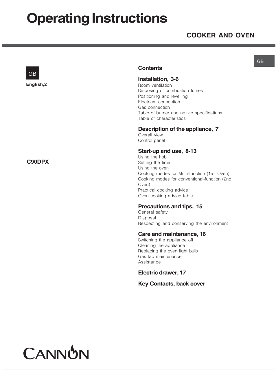 Operating instructions, Cooker and oven | Cannon 90cm Free Standing Gas Cooker C90DPX User Manual | Page 2 / 20