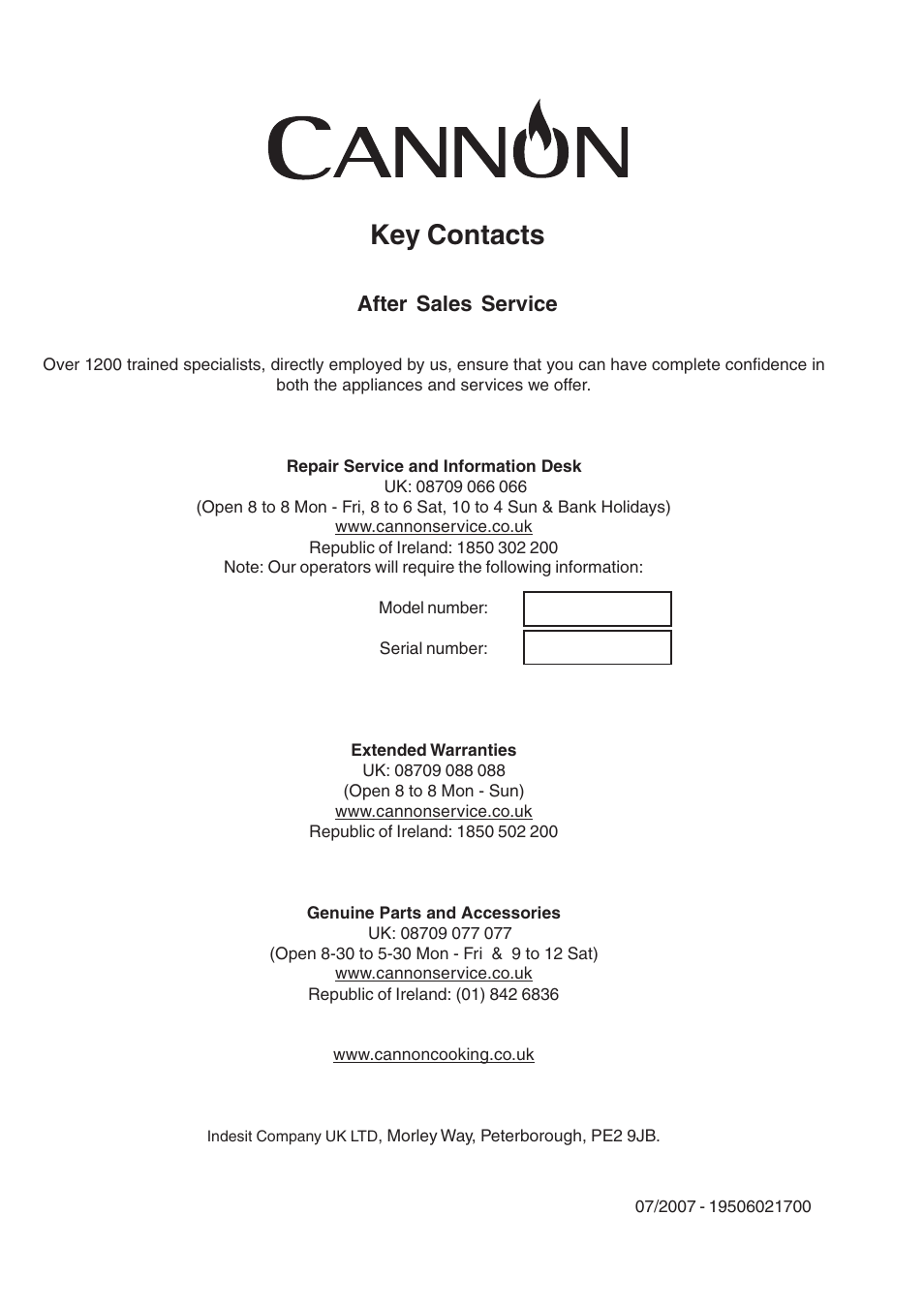 Key contacts, After sales service | Cannon 90cm Free Standing Gas Cooker C90DPX User Manual | Page 20 / 20
