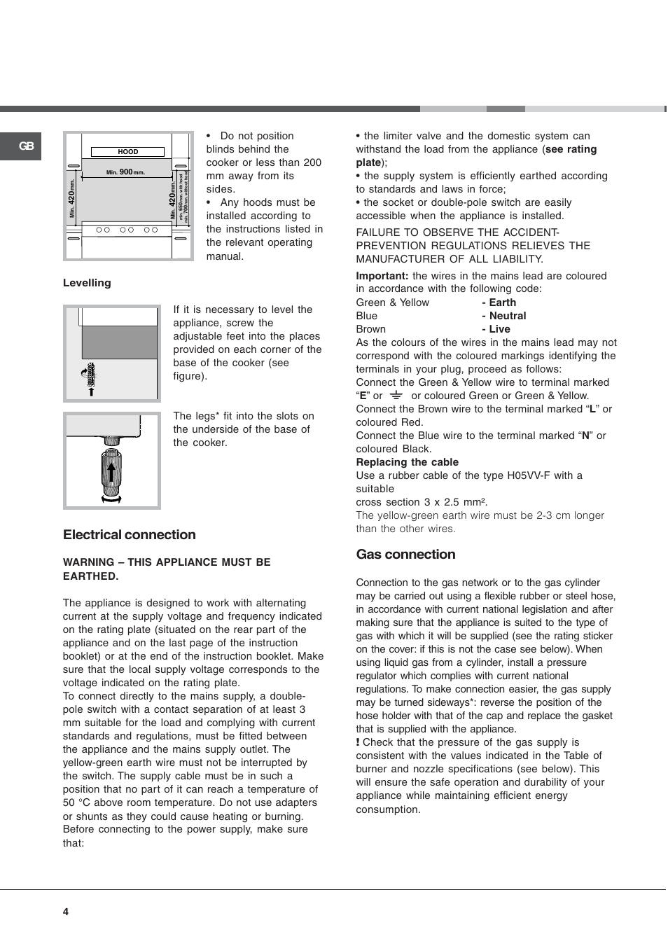 Electrical connection, Gas connection | Cannon 90cm Free Standing Gas Cooker C90DPX User Manual | Page 4 / 20