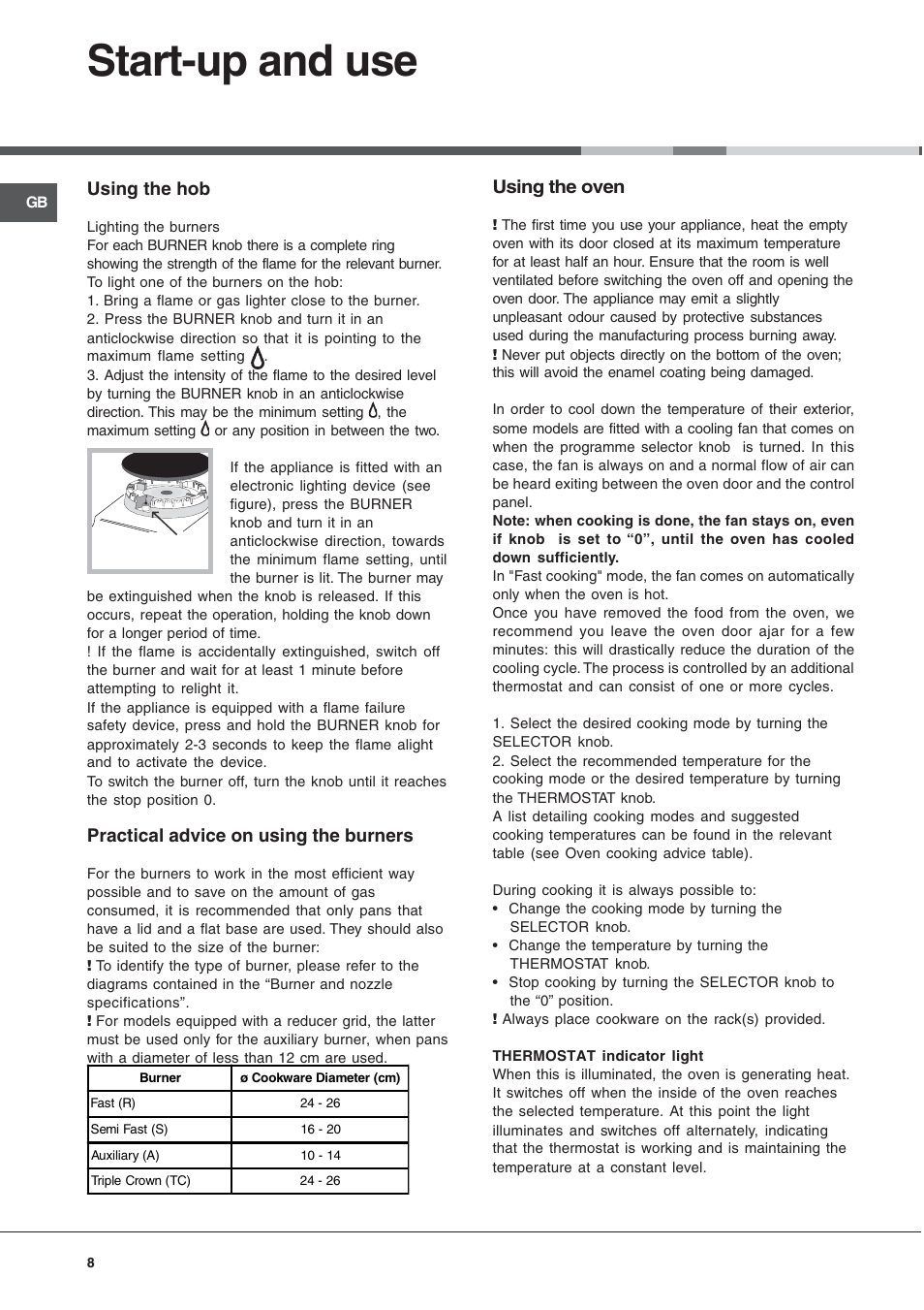 Start-up and use | Cannon 90cm Free Standing Gas Cooker C90DPX User Manual | Page 8 / 20