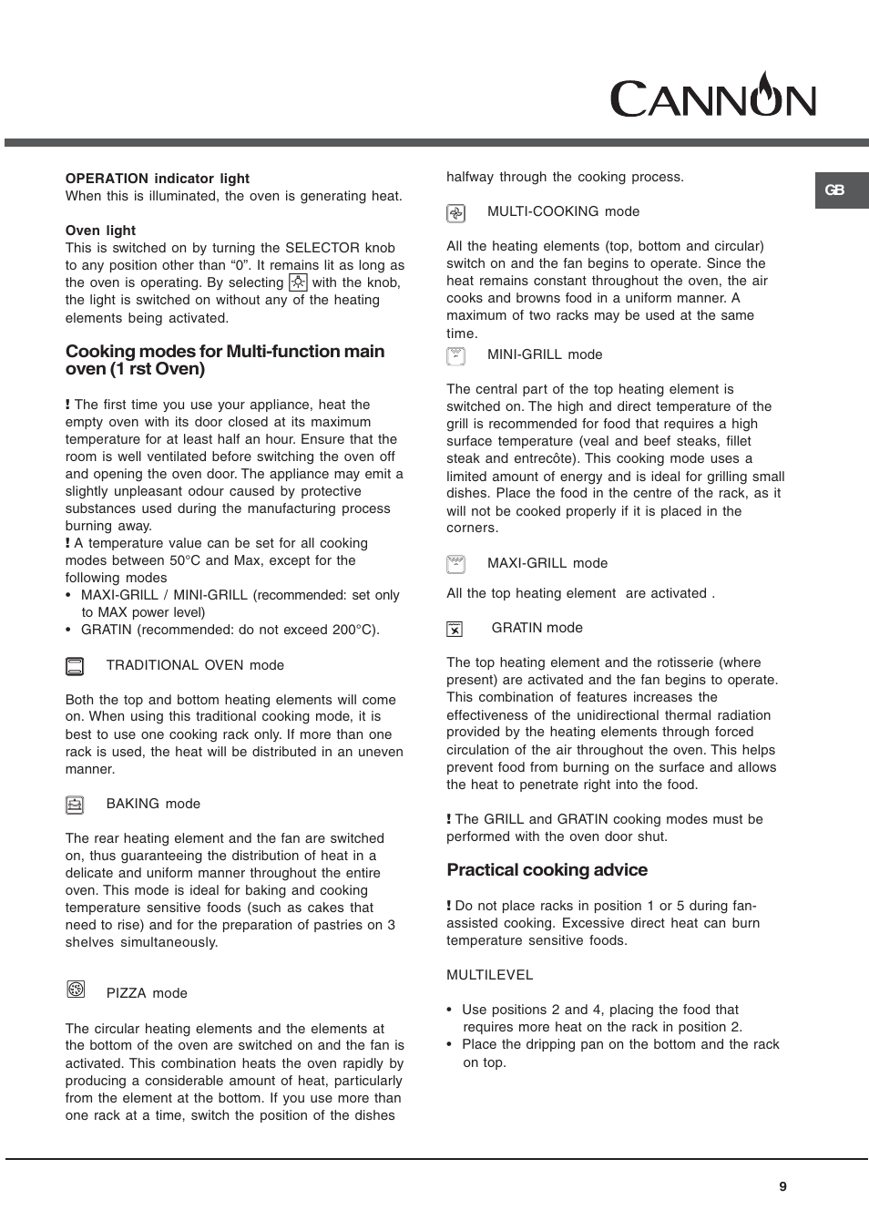 Cannon 90cm Free Standing Gas Cooker C90DPX User Manual | Page 9 / 20