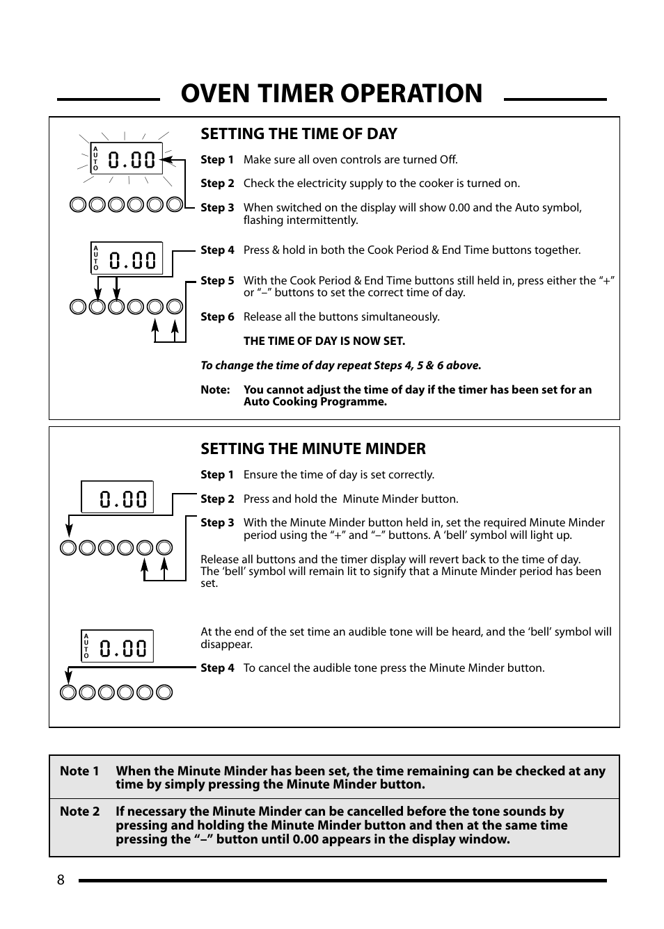 Oven timer operation, Setting the time of day, Setting the minute minder | Cannon Professional 1000 User Manual | Page 8 / 32