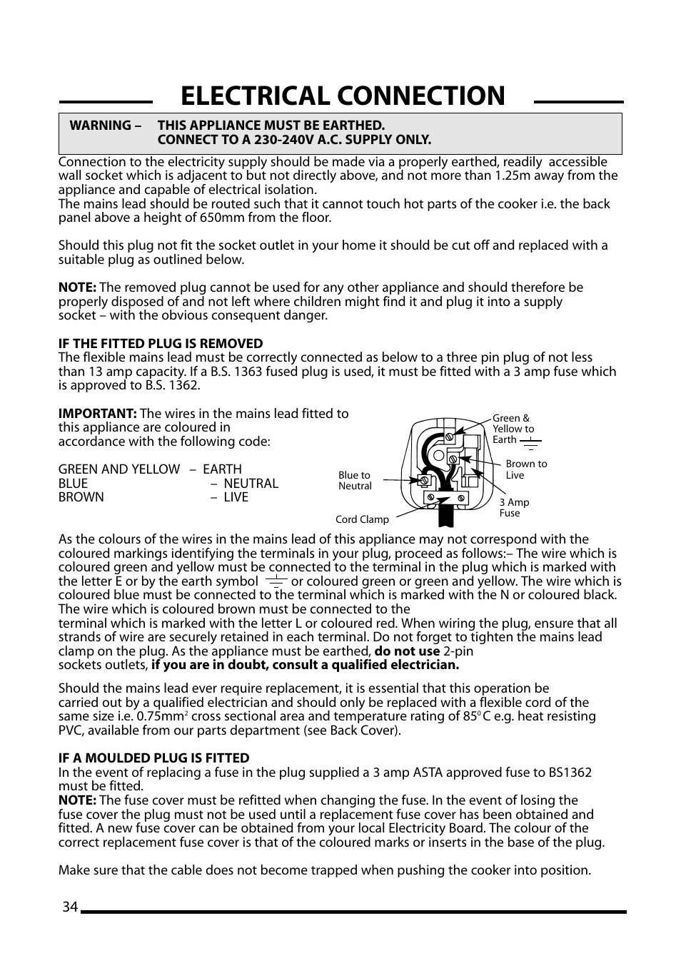 Electrical connection | Cannon CHESTER 10540G User Manual | Page 34 / 36