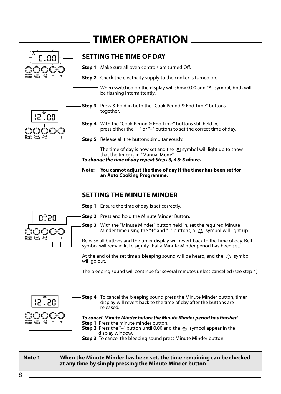 Timer operation, Setting the time of day, Setting the minute minder | Cannon CHESTER 10540G User Manual | Page 8 / 36