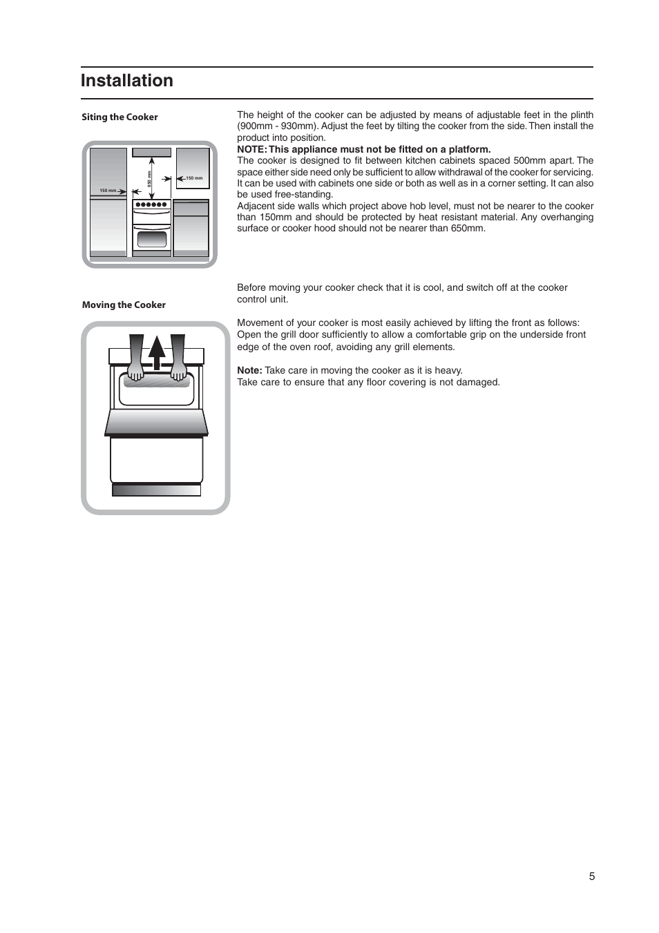 Installation | Cannon 50cm Free Standing Electric Cooker C50ELK User Manual | Page 5 / 28