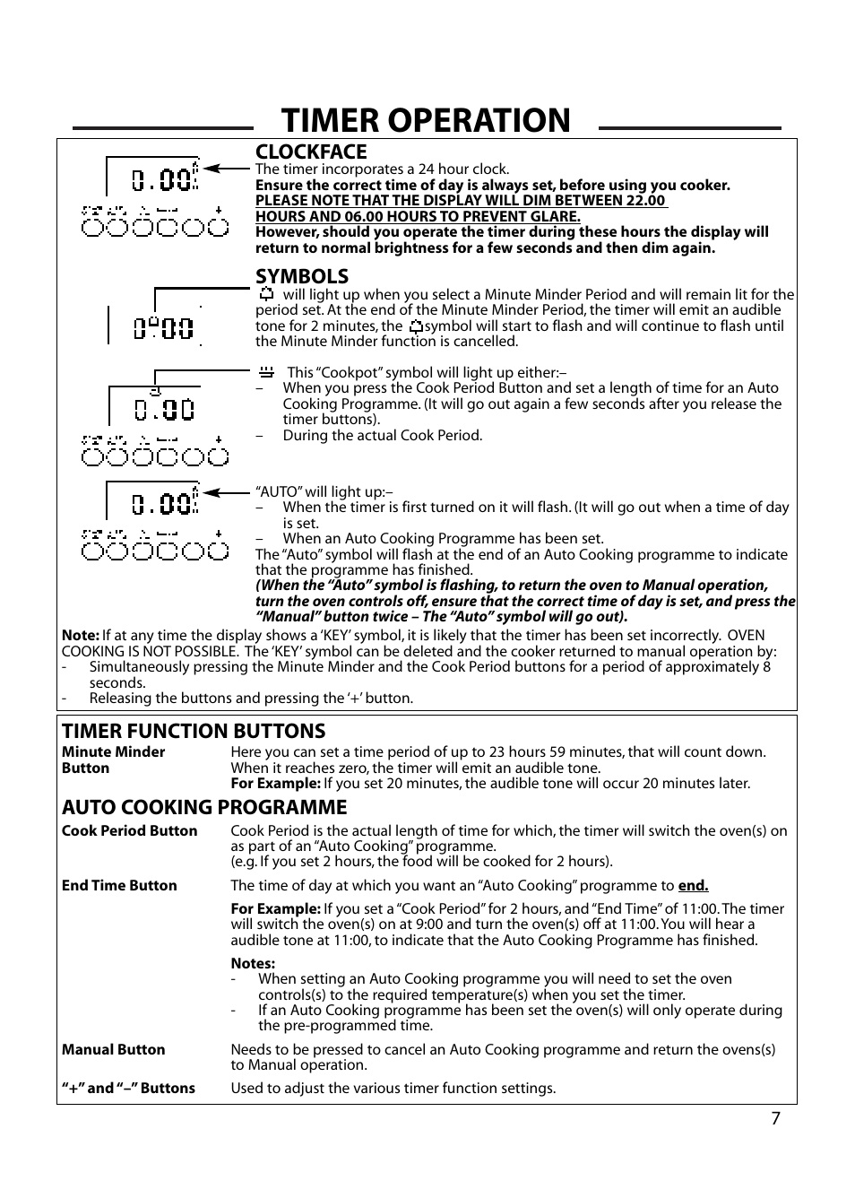 Timer operation, Clockface, Symbols | Timer function buttons auto cooking programme | Cannon HENLEY 10582G User Manual | Page 7 / 32