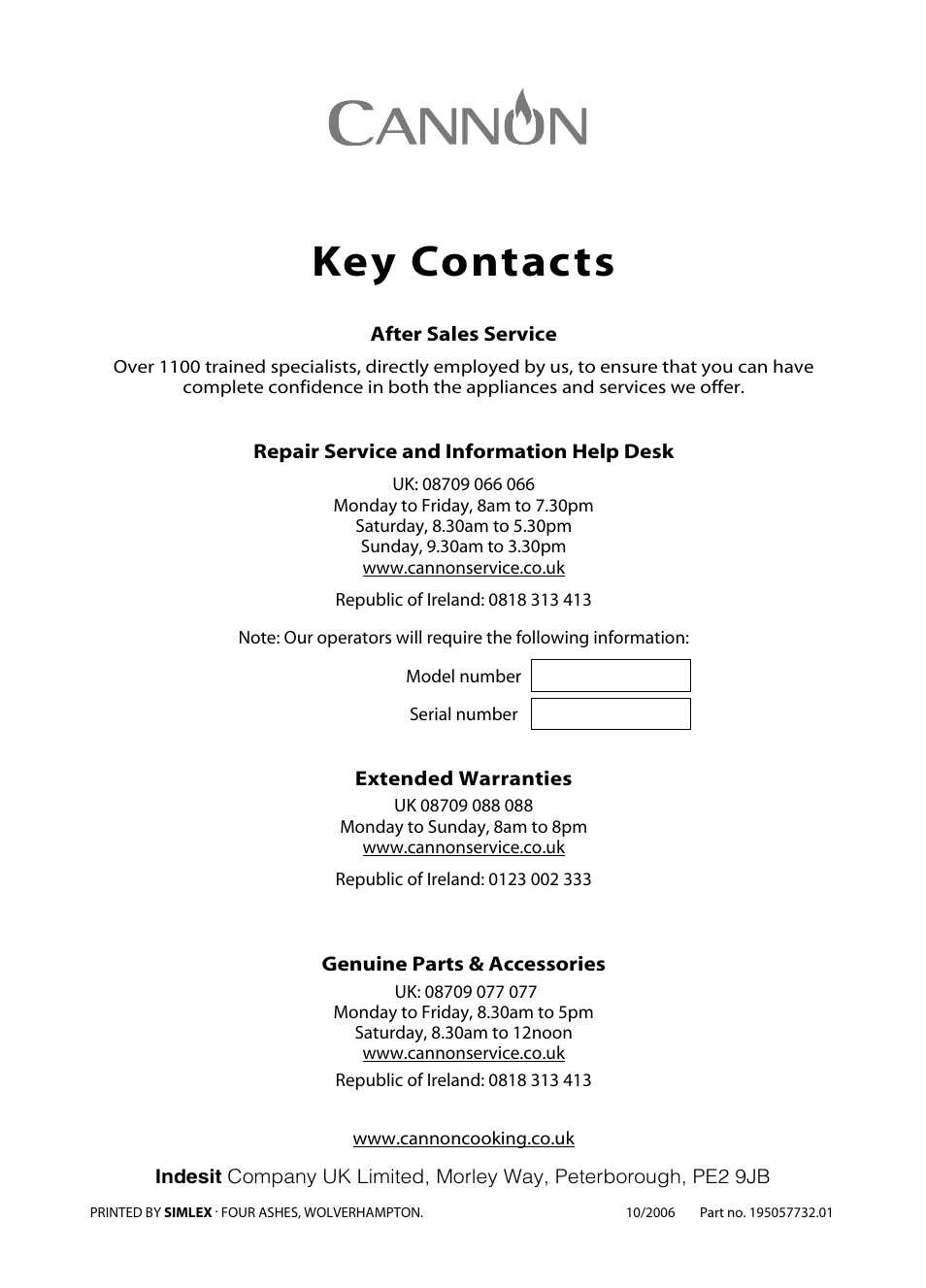 Key contacts | Cannon C60DT User Manual | Page 40 / 40