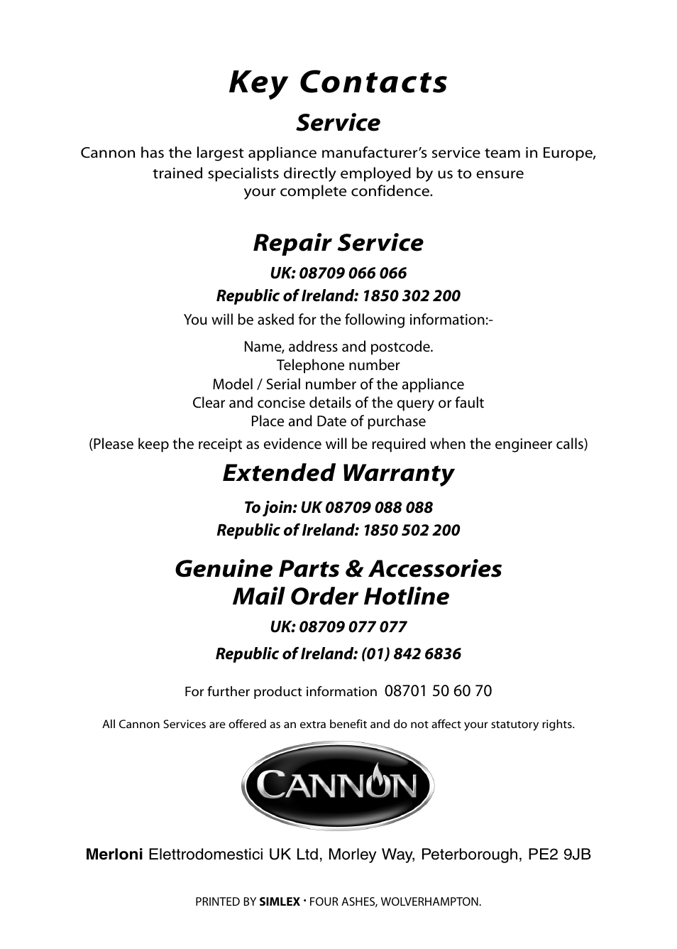 Key contacts, Service, Repair service | Extended warranty, Genuine parts & accessories mail order hotline | Cannon PEMBROKE 10692G User Manual | Page 40 / 40