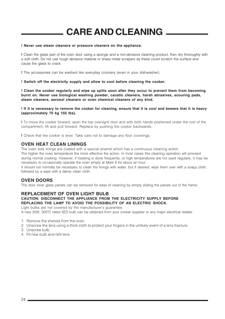 Care and cleaning | Cannon CHESTERIELD C60GCB User Manual | Page 24 / 36