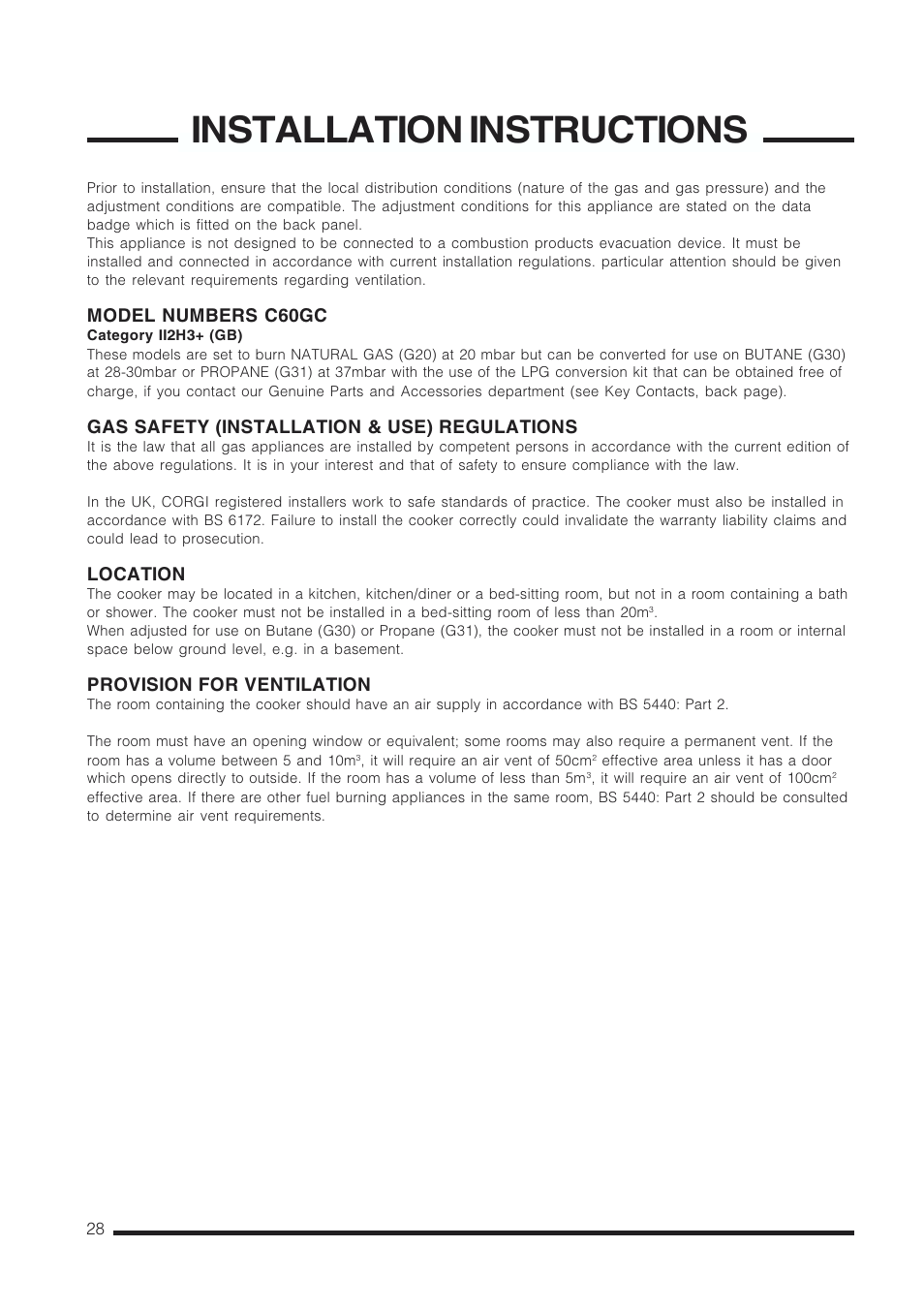 Installation instructions, Model numbers c60gc, Gas safety (installation & use) regulations | Location, Provision for ventilation | Cannon CHESTERIELD C60GCB User Manual | Page 28 / 36