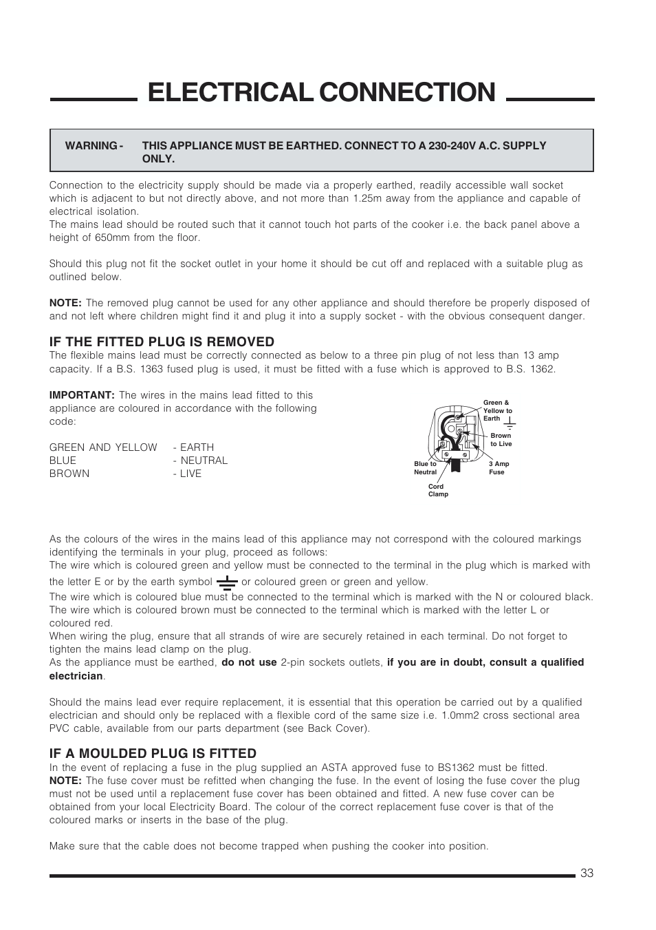 Electrical connection, If the fitted plug is removed, If a moulded plug is fitted | Cannon CHESTERIELD C60GCB User Manual | Page 33 / 36