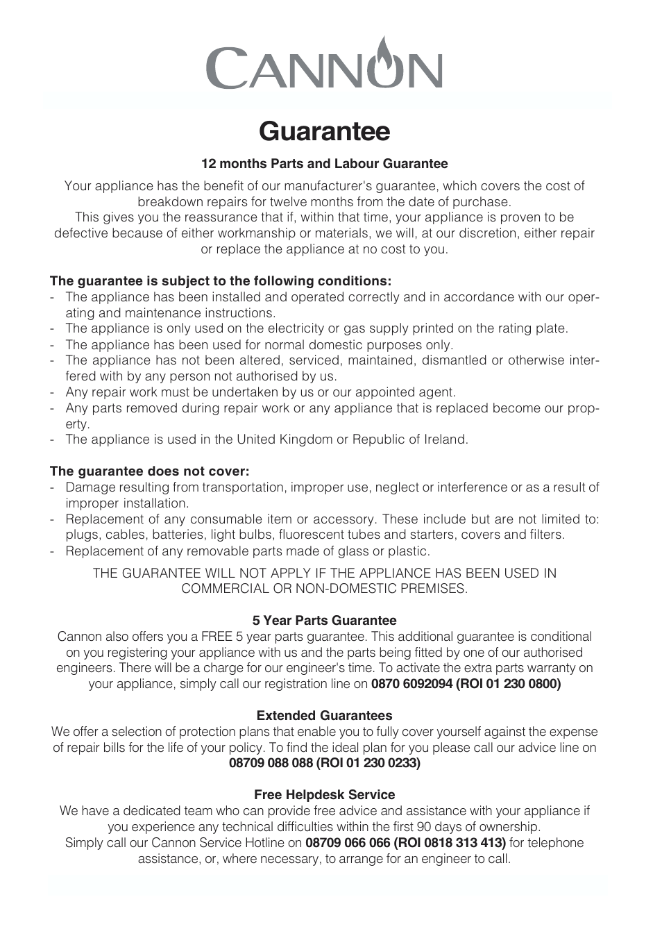 Guarantee | Cannon CHESTERIELD C60GCB User Manual | Page 35 / 36